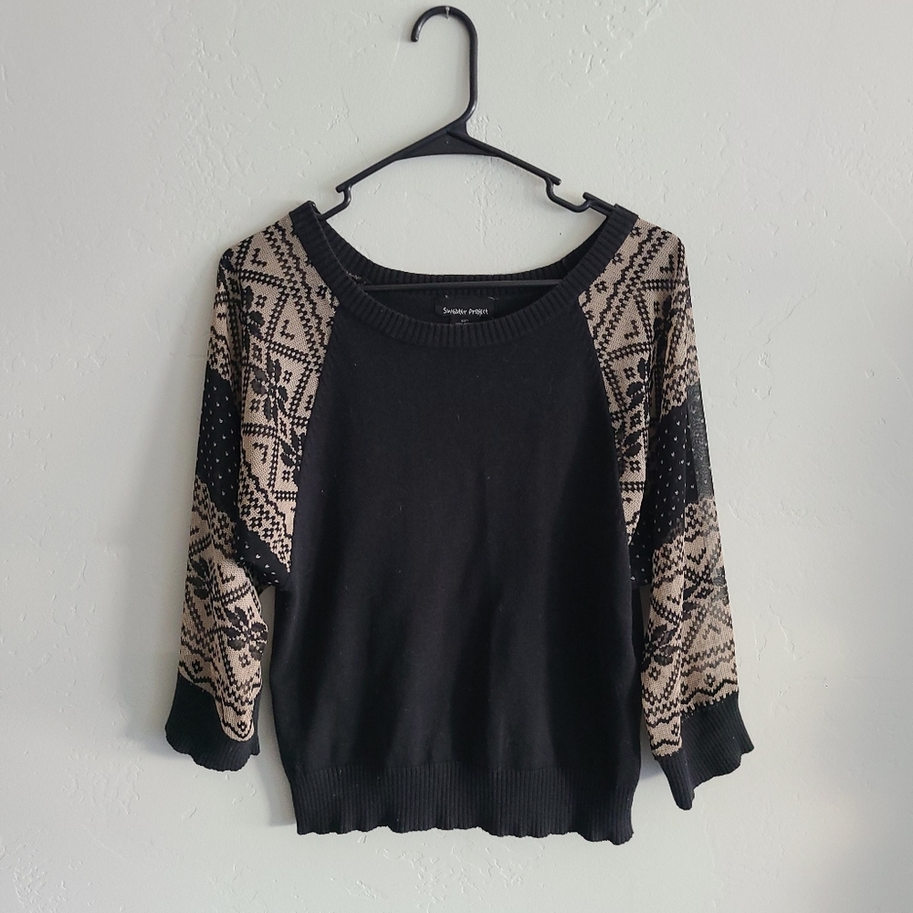 Sweater project, 3/4 sleeve sweater, sheer sleeve sweater, black and tan